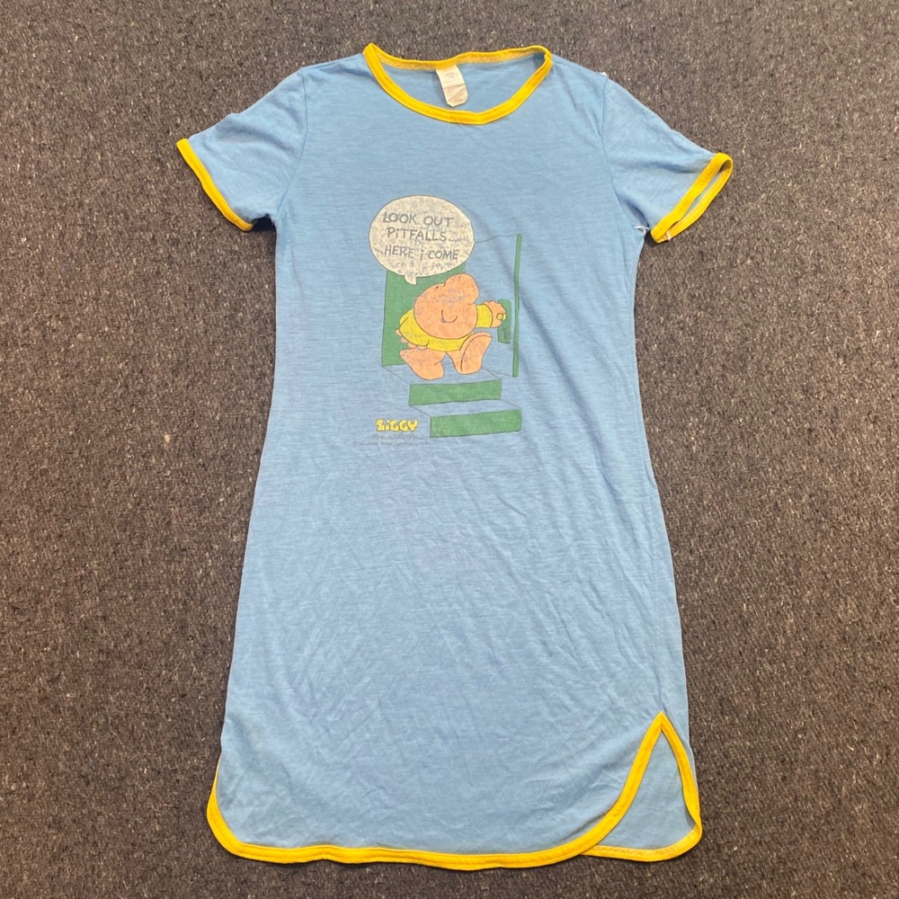 Bradley Ziggy Nightshirt Sz S Womens Blue Vintage 80s Ringer TShirt Tom Wilson